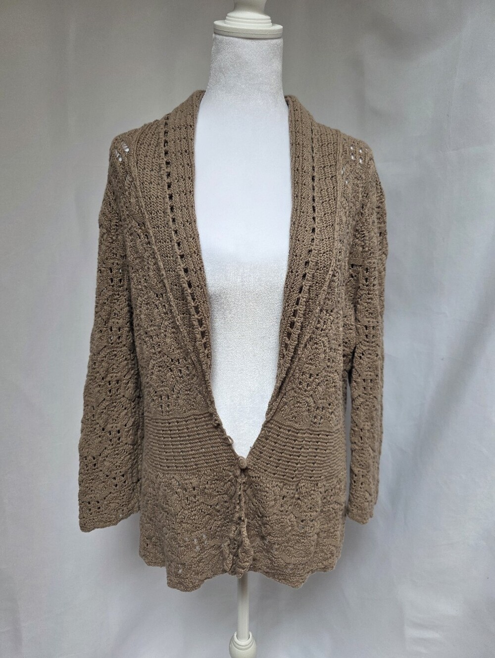 JM Collection Brown Crochet Open Knit Cardigan Boho Size M